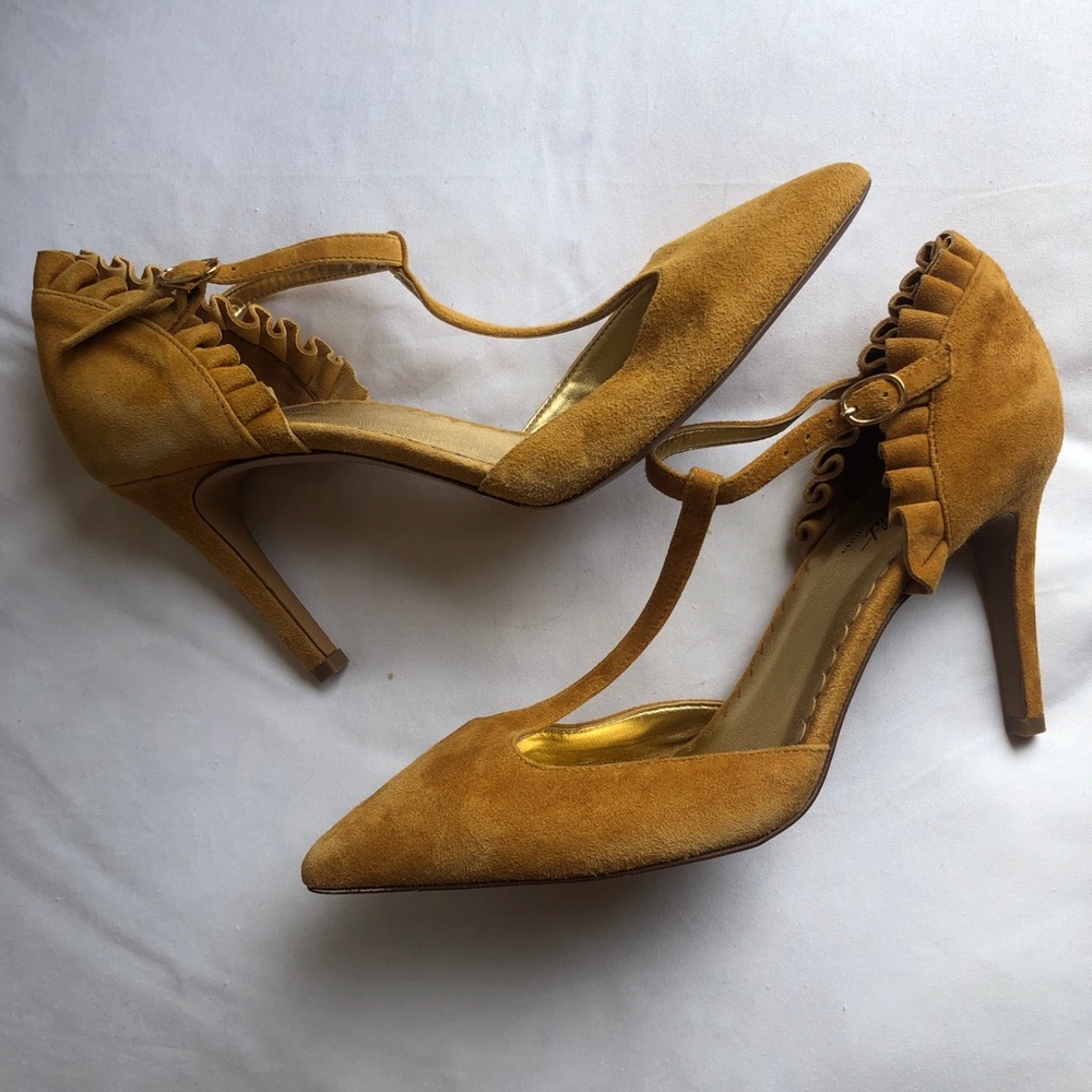 Anthropologie Mustard Suede Heels - Size 7
